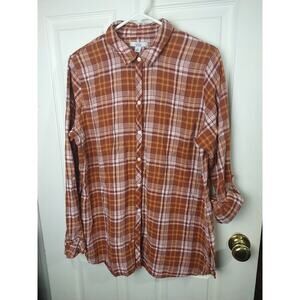 Croft&Barrow Woman XL Shirt Collared Button Casual Brown Plaid Roll Tab Sleeve